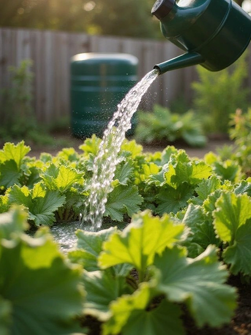 Watering can watering green plants in a garden bed